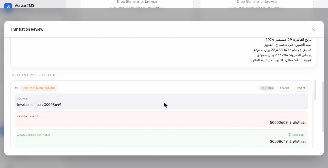 The Aurum AI quality review scoring a translation and flagging a wrong invoice number, date, and customer name