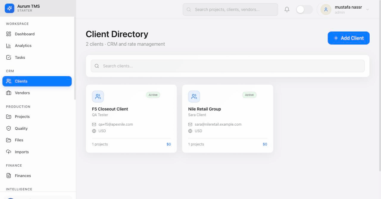The Aurum client directory listing real client companies with contacts and currencies
