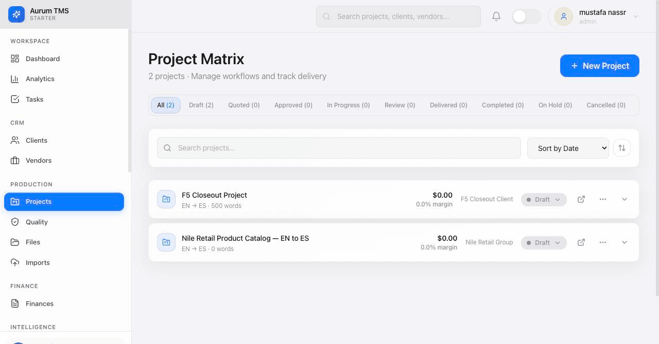 An Aurum project expanded to reveal its jobs and their status in the delivery pipeline
