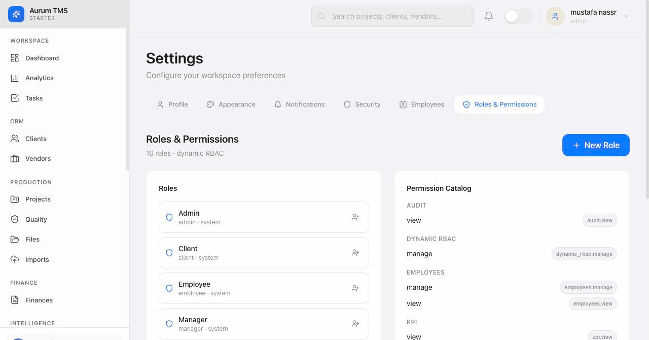 The Aurum roles and permissions screen with ten roles and a dynamic permission catalog